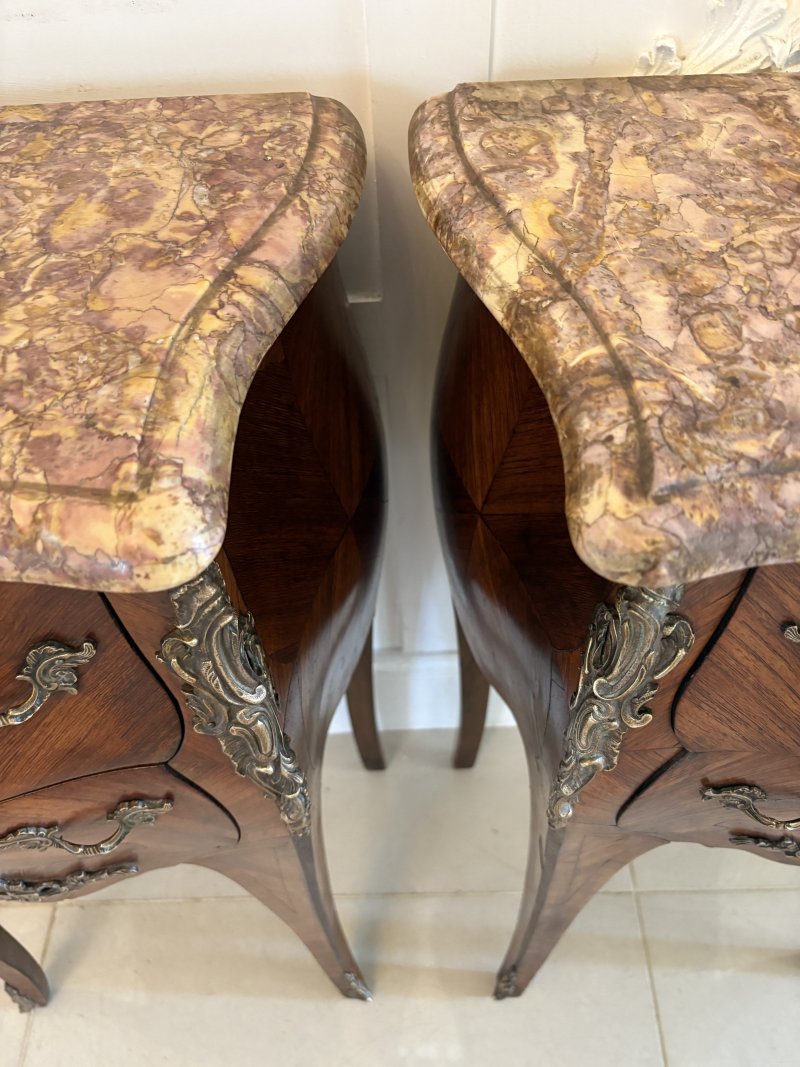 Pair of Antique Quality French Kingwood Marble Top Marquetry Inlaid Bedside Cabinets - Image 10